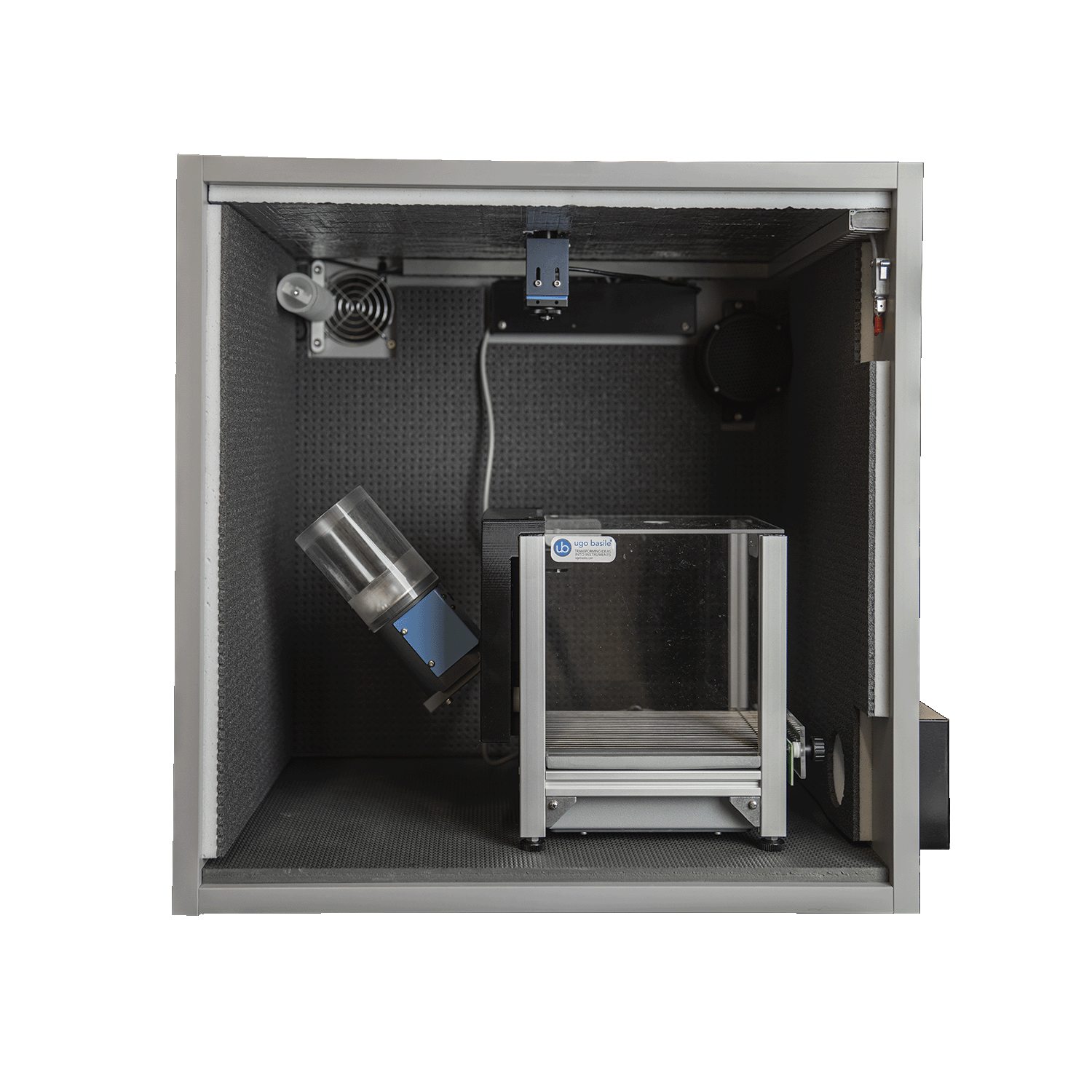 Operant Fear Conditiong Cage in a Fear Conditioning Isolation Cubicle, lateral view with pellet dispenser