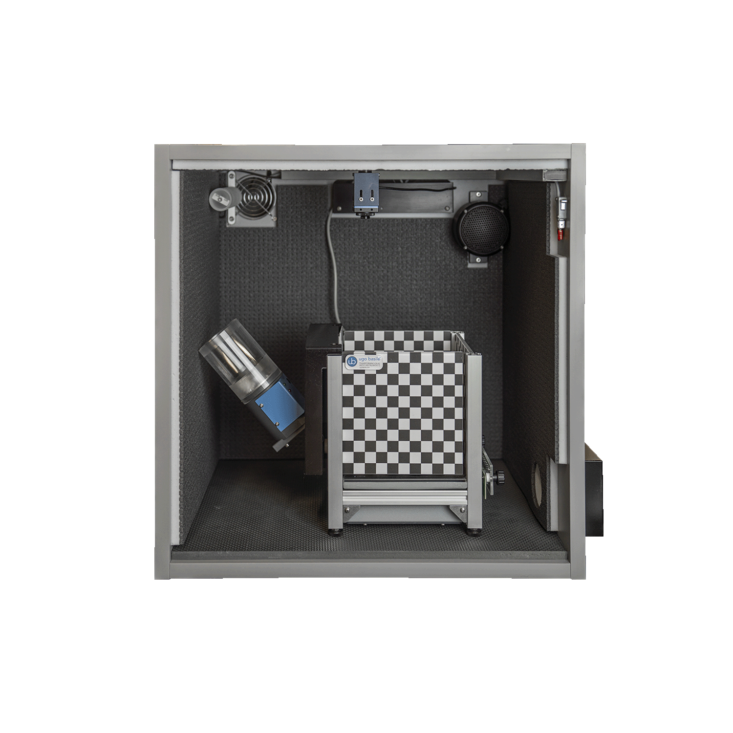 Operant Fear Conditiong Cage in a Fear Conditioning Isolation Cubicle, lateral view with pellet dispenser and with square context wall